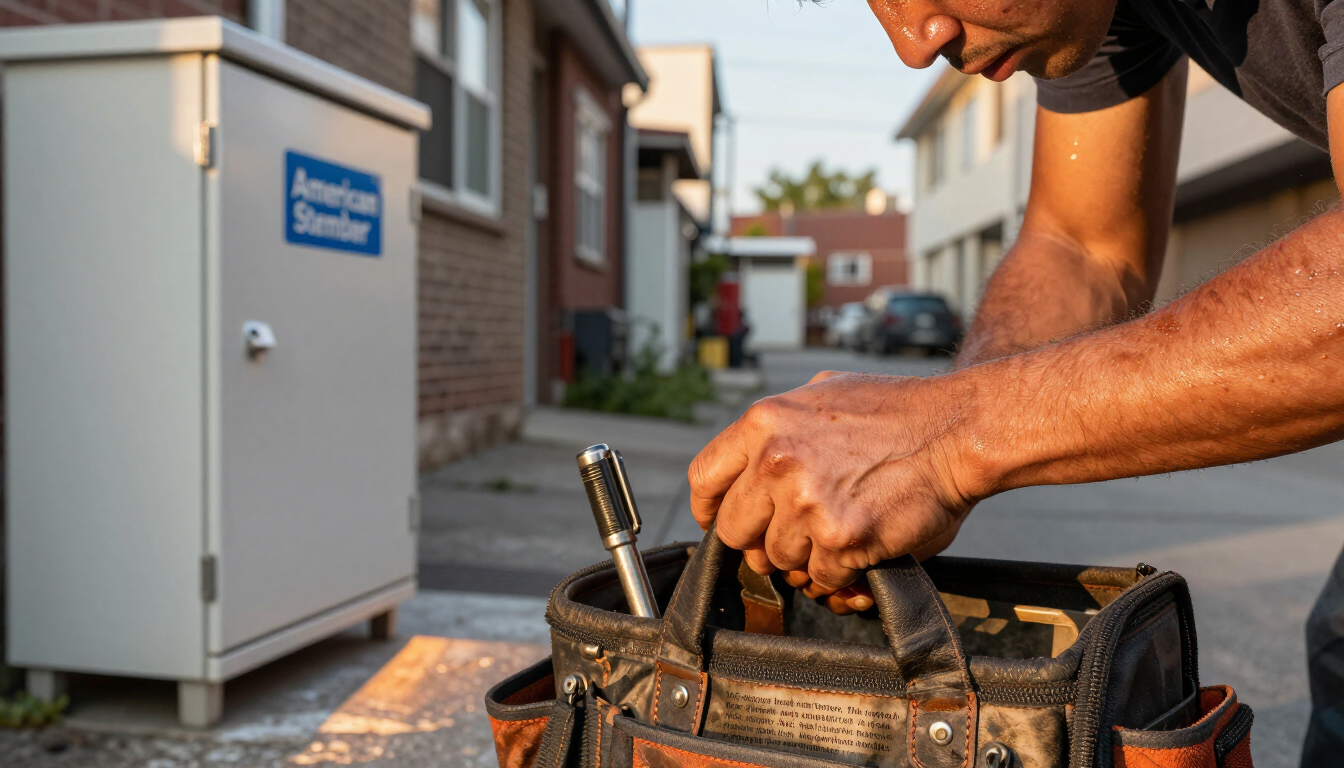 Professional HVAC service technician performing electrical system testing on a mid-summer diagnostic