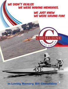 Tribute to Bill Cheseldine with boat racing photos, Cheseldine Auto Group logo, and text 