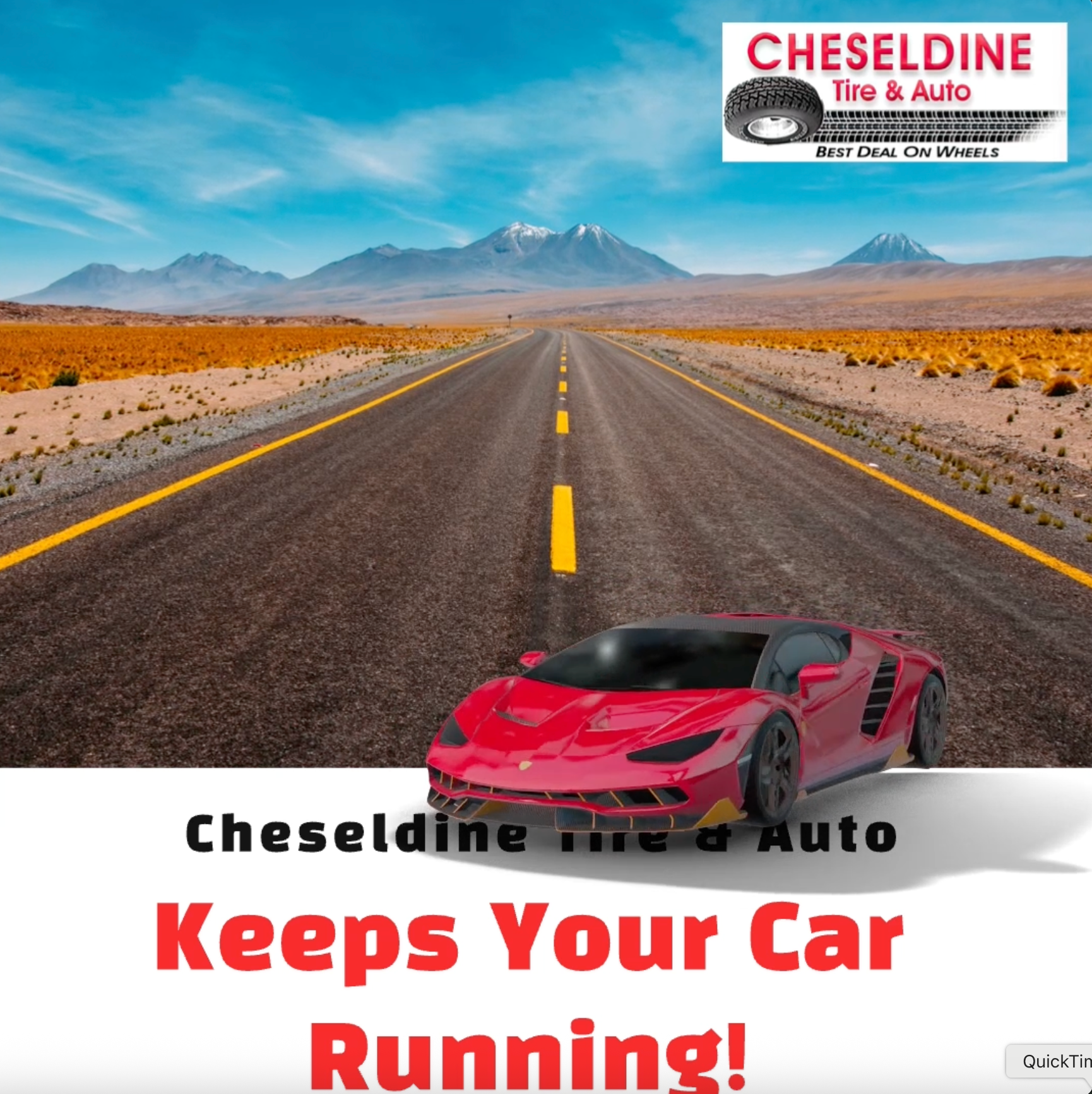 Red sports car on desert road with mountains, Cheseldine Tire & Auto logo and text: Keeps Your Car Running!