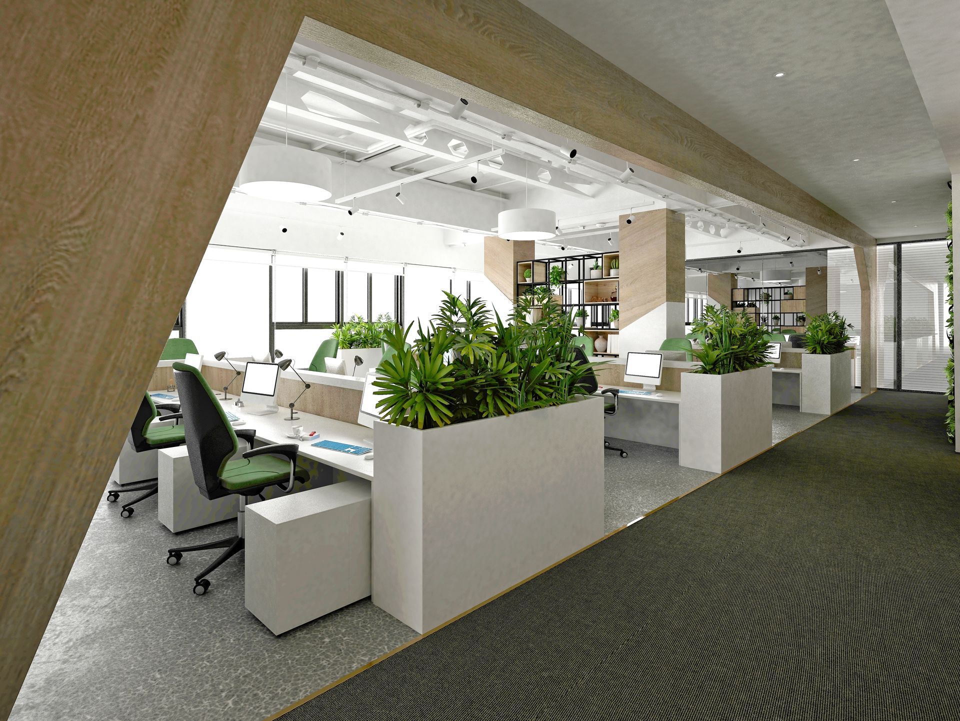 Modern open-plan office with white desks, green chairs, and indoor plants under bright overhead lights