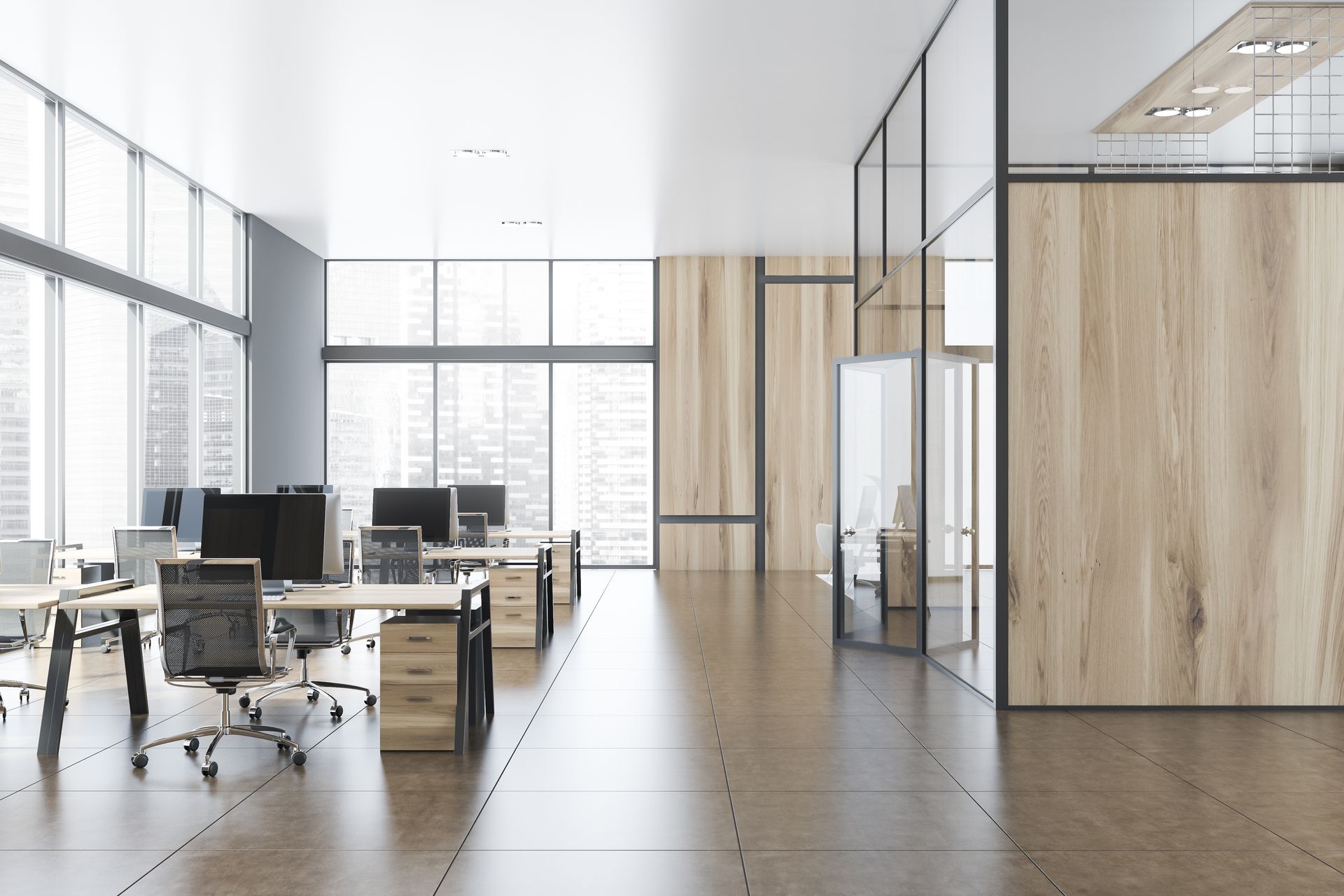 Modern open-plan office with desks, chairs, glass walls, and wood-paneled meeting rooms
