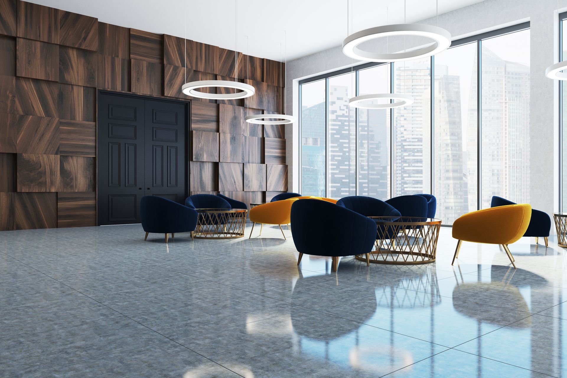 Modern lounge with navy and yellow chairs, glossy floor, wood wall, and large city-view windows