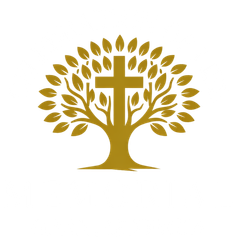 A gold-colored graphic of a tree with a cross integrated into its trunk and branches on a white background.