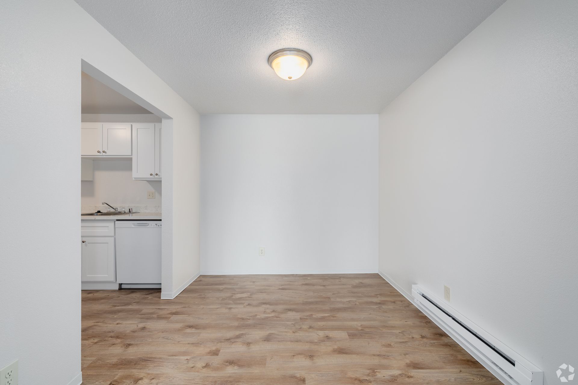 Empty white room with wood floors, ceiling light, and a small kitchen doorway on the left