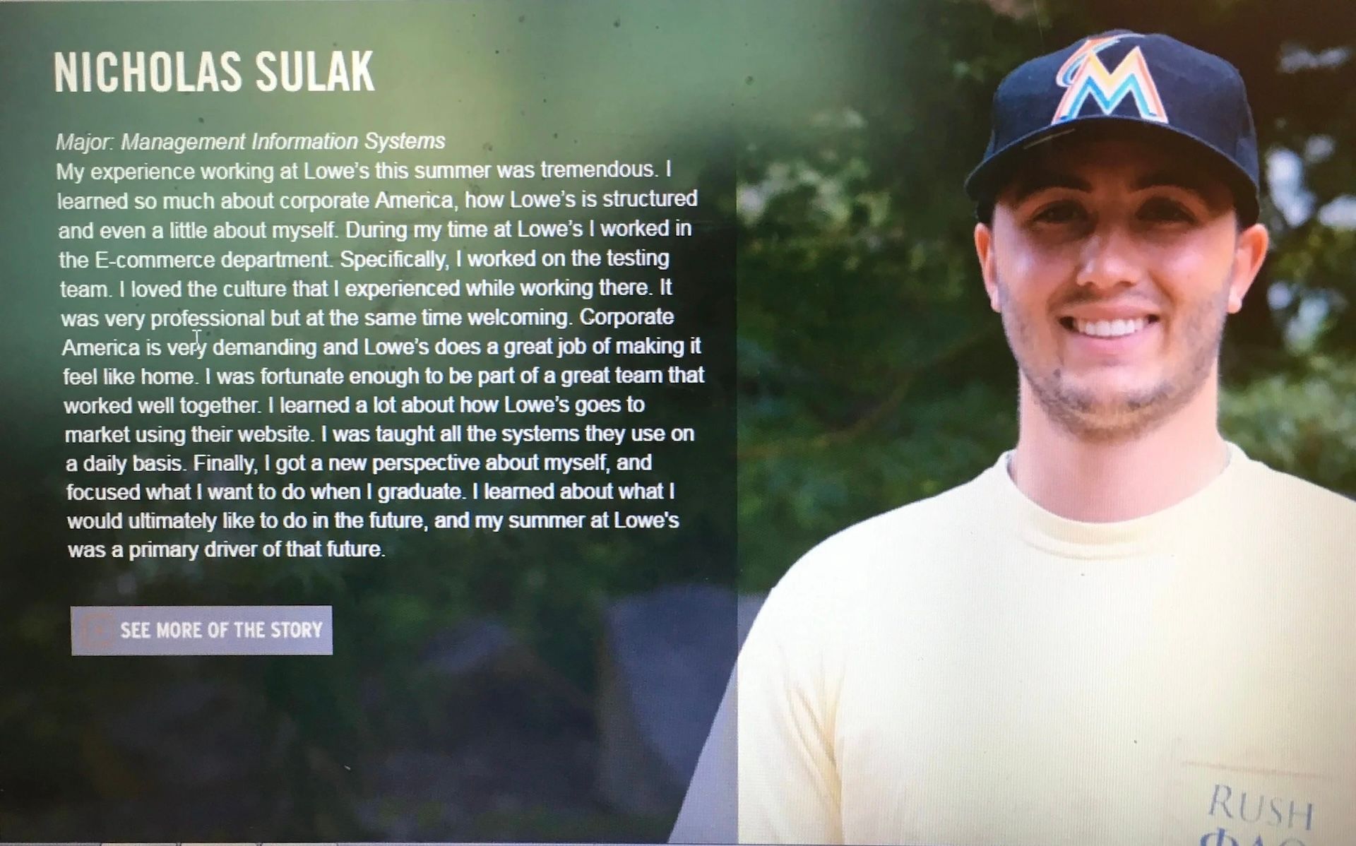 Nicholas Sulak profile card with text on the left and a smiling baseball player in a white Miami cap on the right