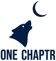 Dark blue wolf logo with crescent moon above and text “ONE CHAPTR” below.