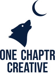 Logo of a wolf howling at a crescent moon above the words “ONE CHAPTER CREATIVE”