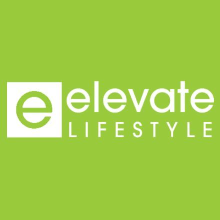 Elevate Lifestyle logo on a lime green background with white text and a stylized “e” icon