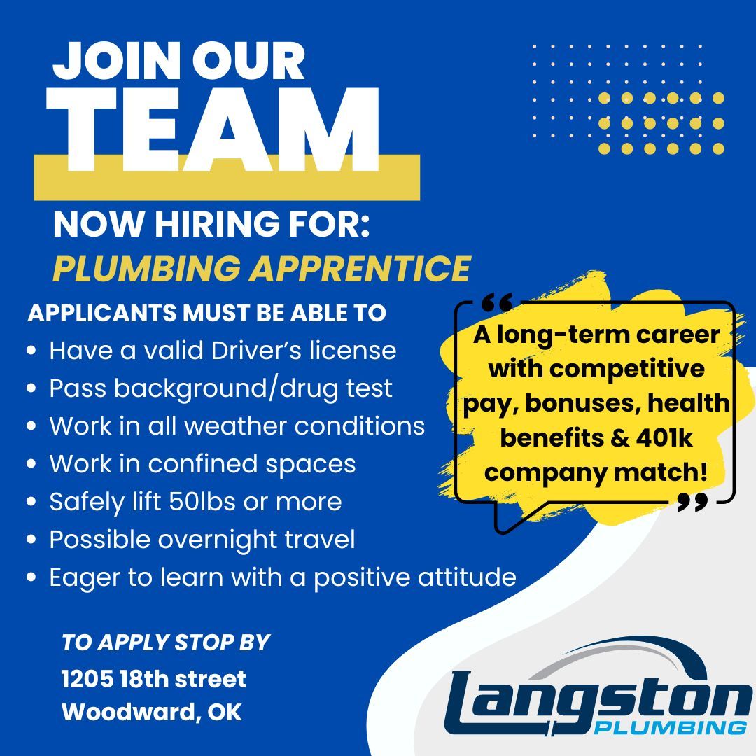 An advertisement for a plumbing apprentice for langston plumbing