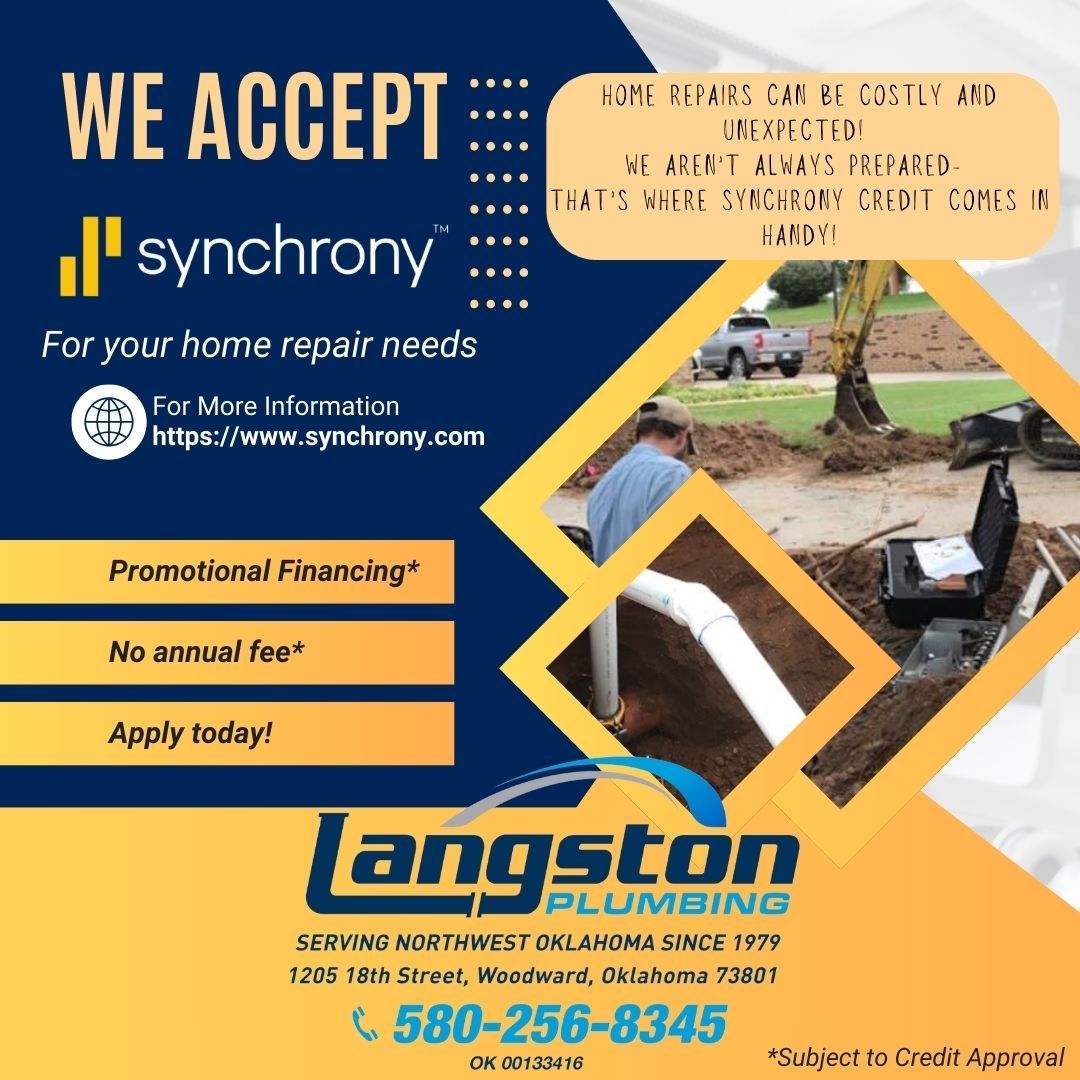 An advertisement for langston plumbing says we accept synchrony for your home repair needs