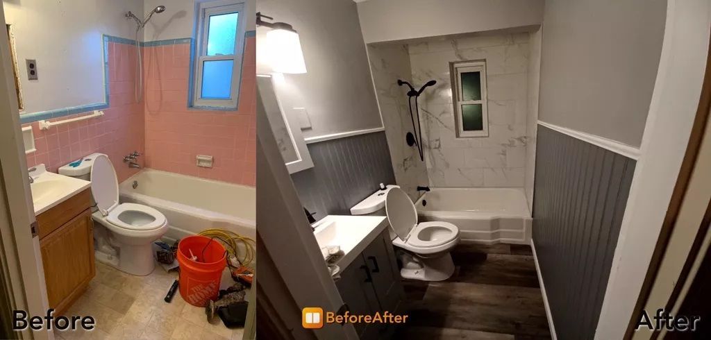 Bathroom remodel before and after. Before: pink tile, wooden cabinet. After: gray walls, new fixtures, wood-look floor.