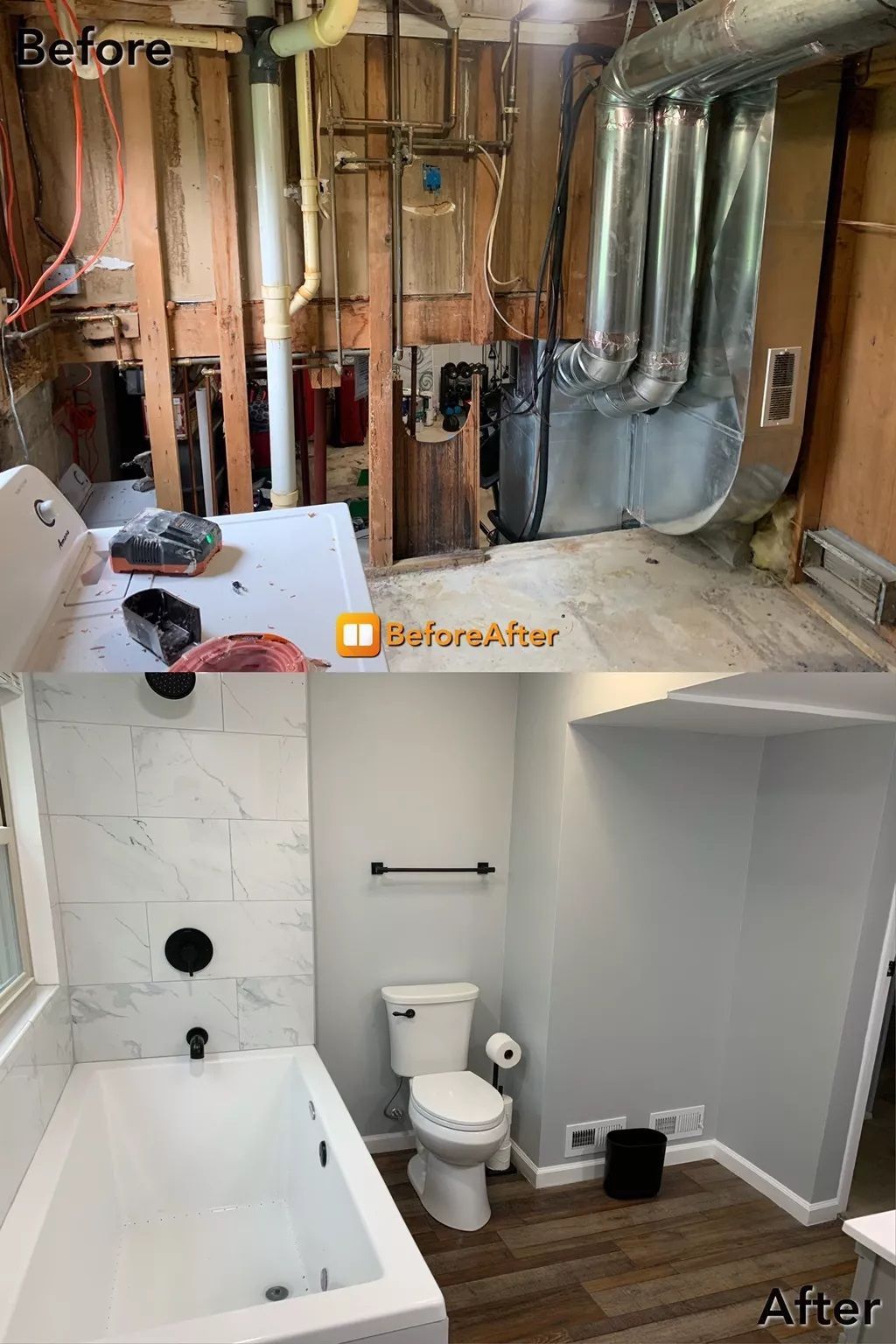 Before and after comparison of a basement transformed into a modern bathroom with tub, toilet, and gray walls.