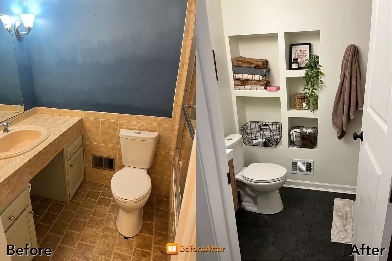 Before-and-after of a small bathroom. The 