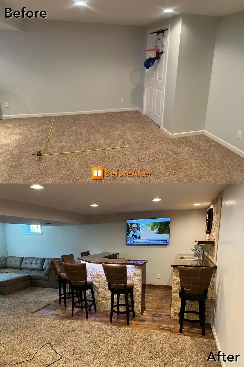 Before and after basement renovation: beige carpet, gray walls, bar, TV.