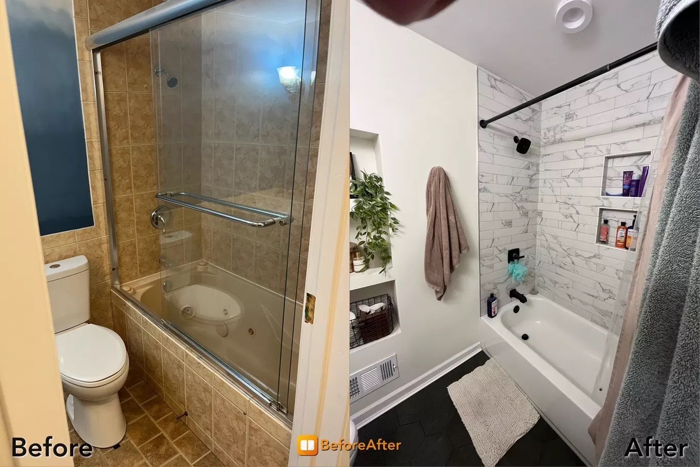 Bathroom renovation comparison: Before shows dated brown tile, after reveals a modern white and black design.