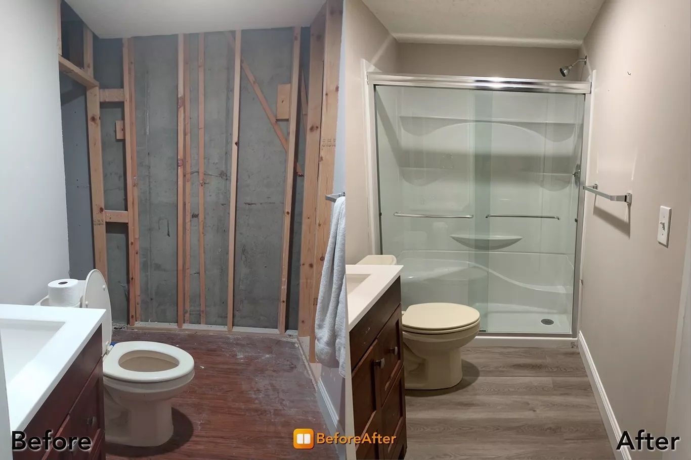 Bathroom renovation: Before and after showing demolition to new shower stall, toilet, vanity, and flooring.