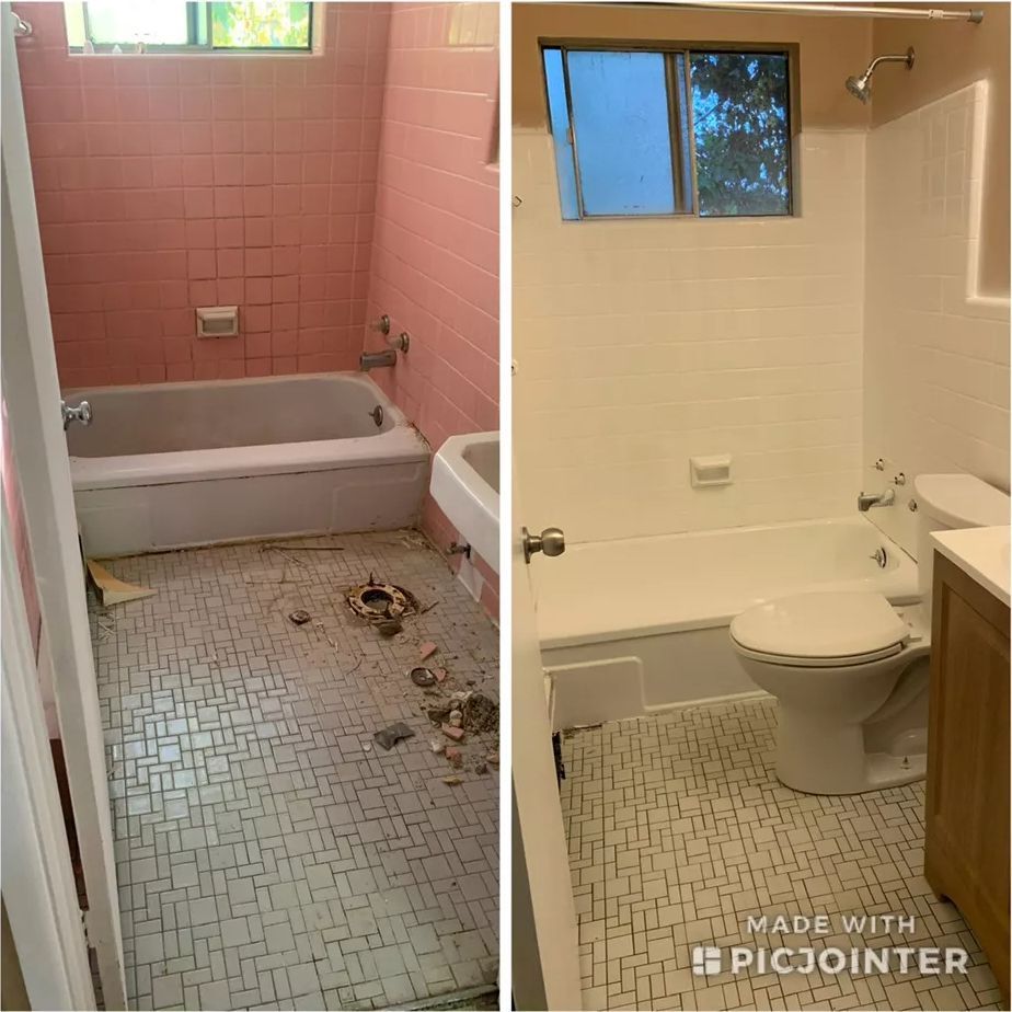Bathroom renovation before and after: pink tile and dirty floor transformed to white with updated toilet and vanity.