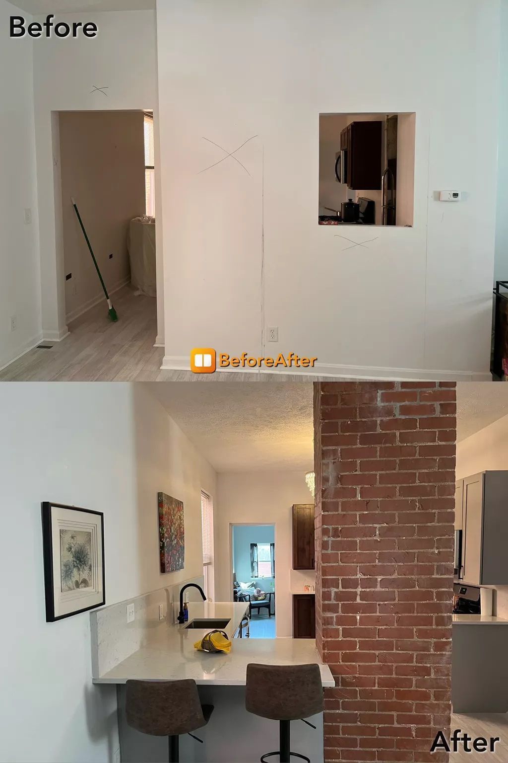 Before and after kitchen renovation: White walls, open doorway. New kitchen: brick pillar, bar, countertop, art.