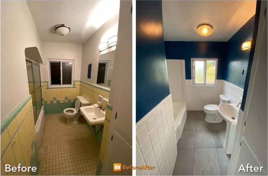 Bathroom before/after renovation. Before: yellow tile, dated fixtures. After: blue paint, updated tiling.