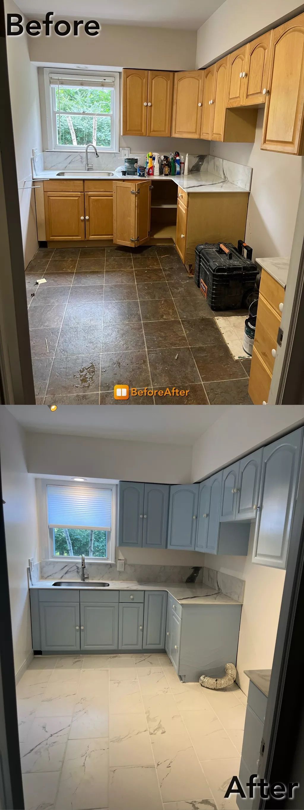 Before and after kitchen remodel: stained cabinets, dark floor transformed to blue cabinets and light floor.