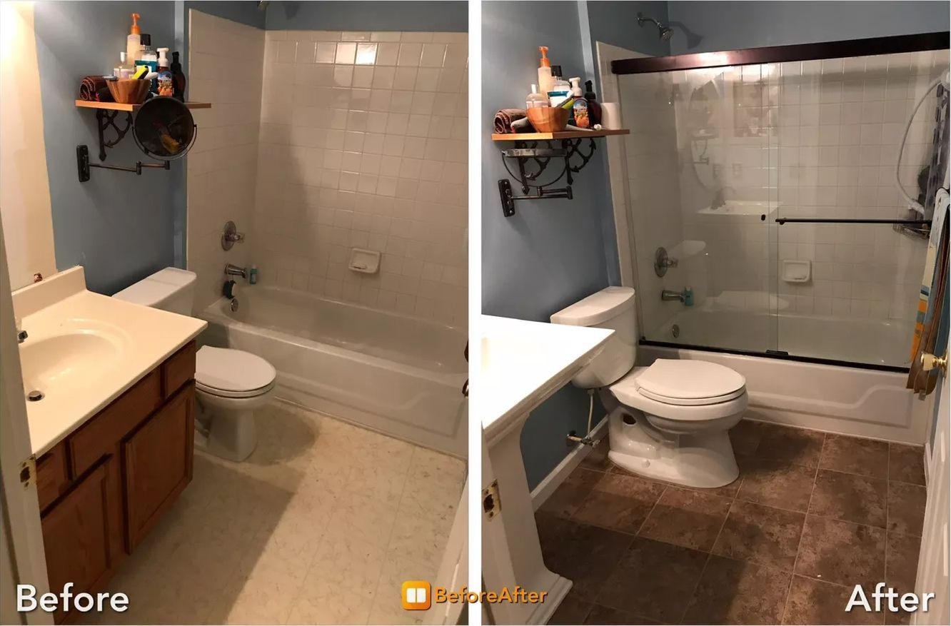 Bathroom before/after renovation: blue walls, brown cabinets, white fixtures, glass shower, brown tile floor.