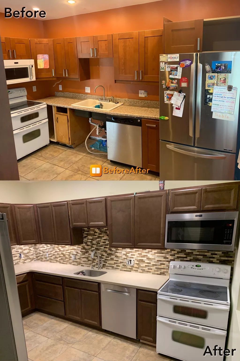 Kitchen remodel before and after: oak cabinets replaced with dark brown, new countertops and backsplash.