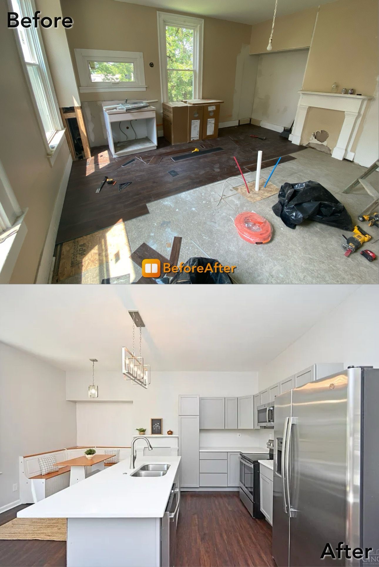 Renovated kitchen transformation: before shows a dusty room, after reveals a modern space with stainless steel appliances.
