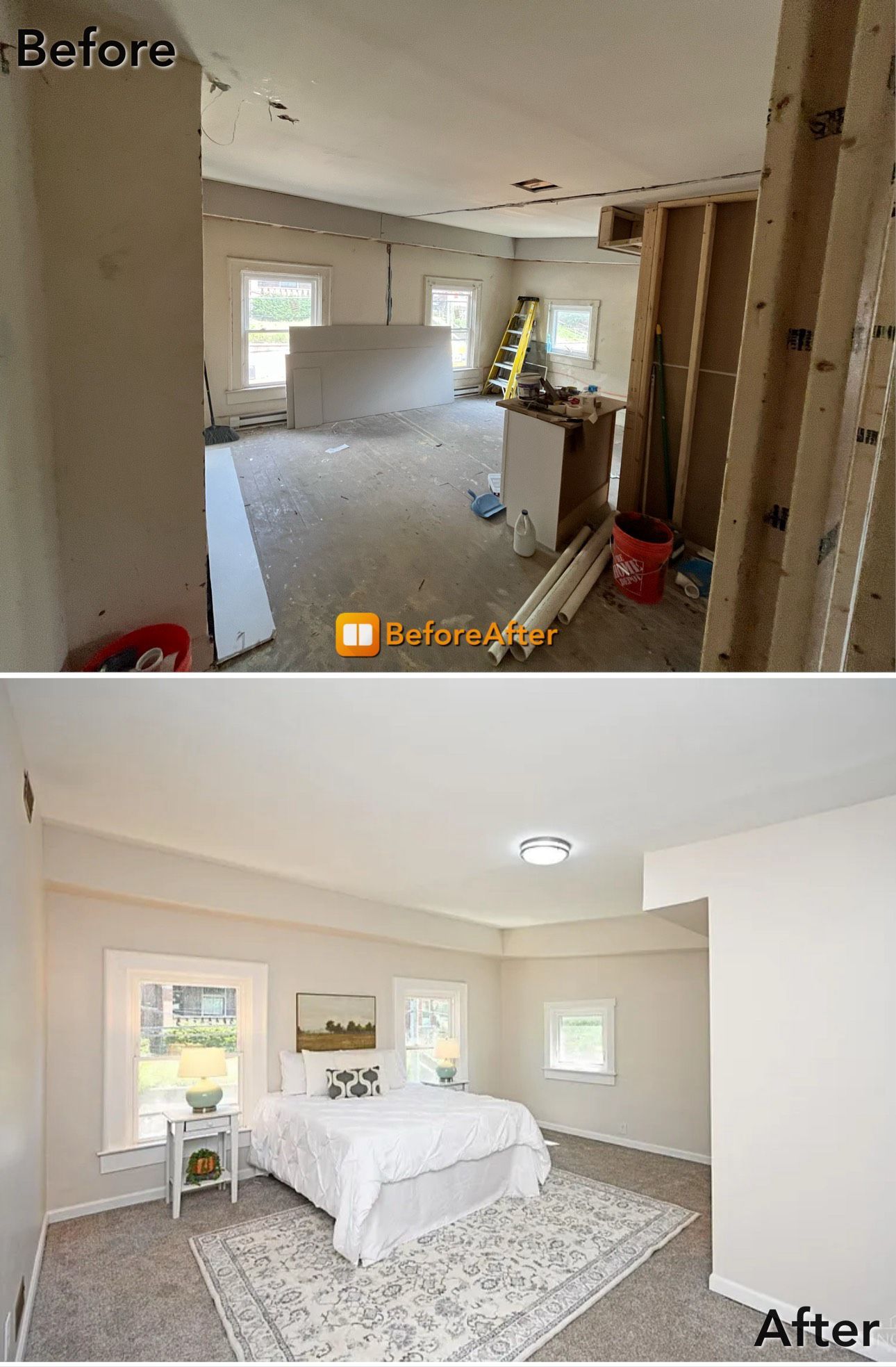 Before and after of a bedroom renovation; unfinished space transforms into a furnished, bright, modern bedroom.
