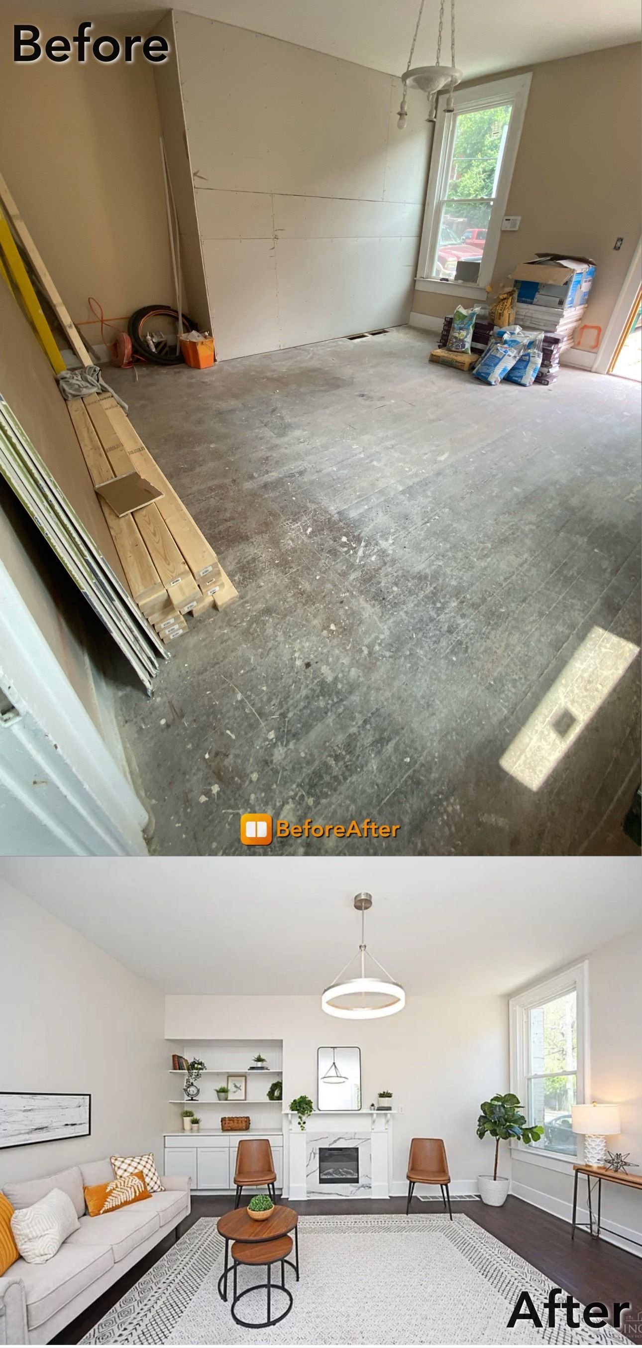 Before and after: room renovation. Before has exposed walls and debris. After shows a finished living room.