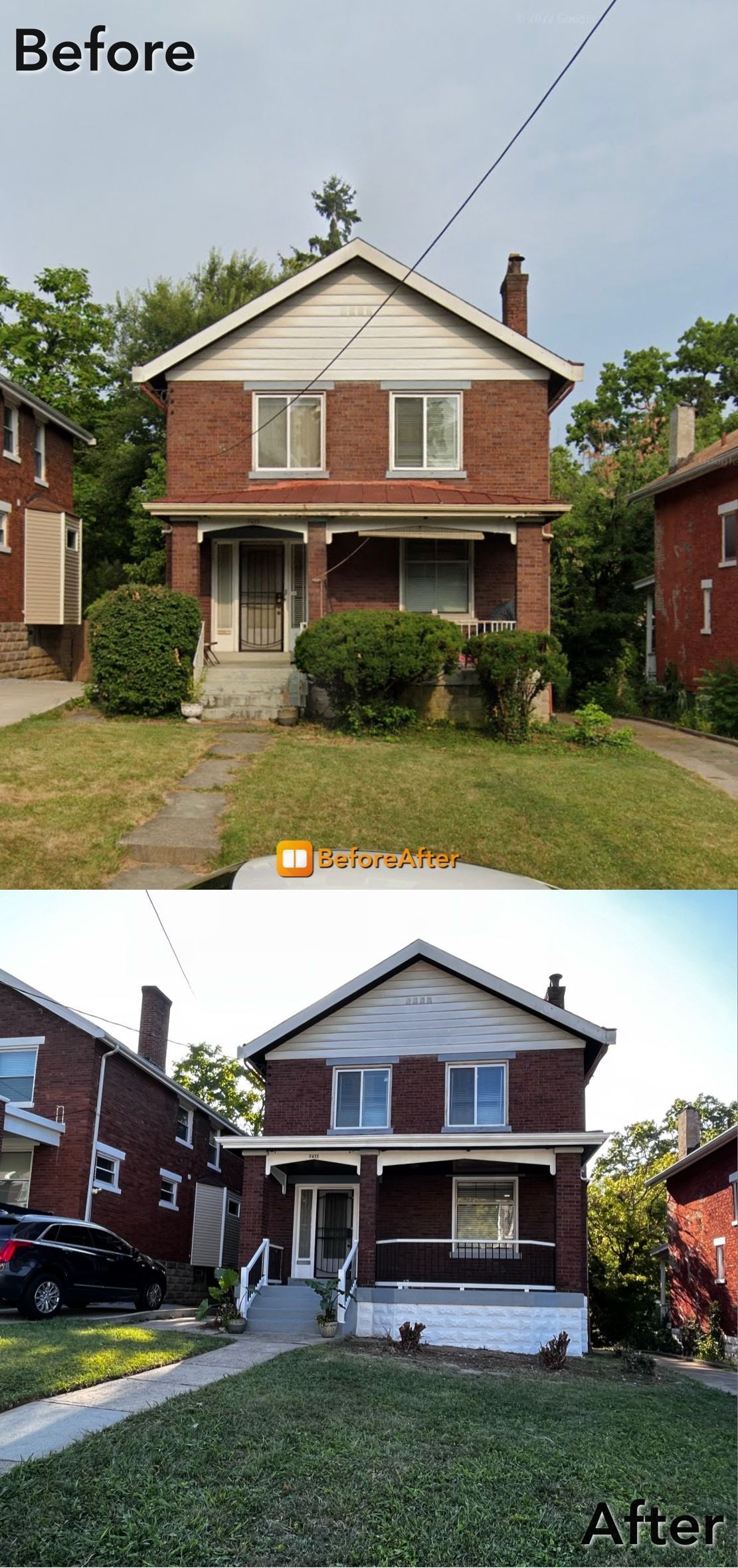 Before and after of a brick house with new landscaping, a dark car and painted trim.