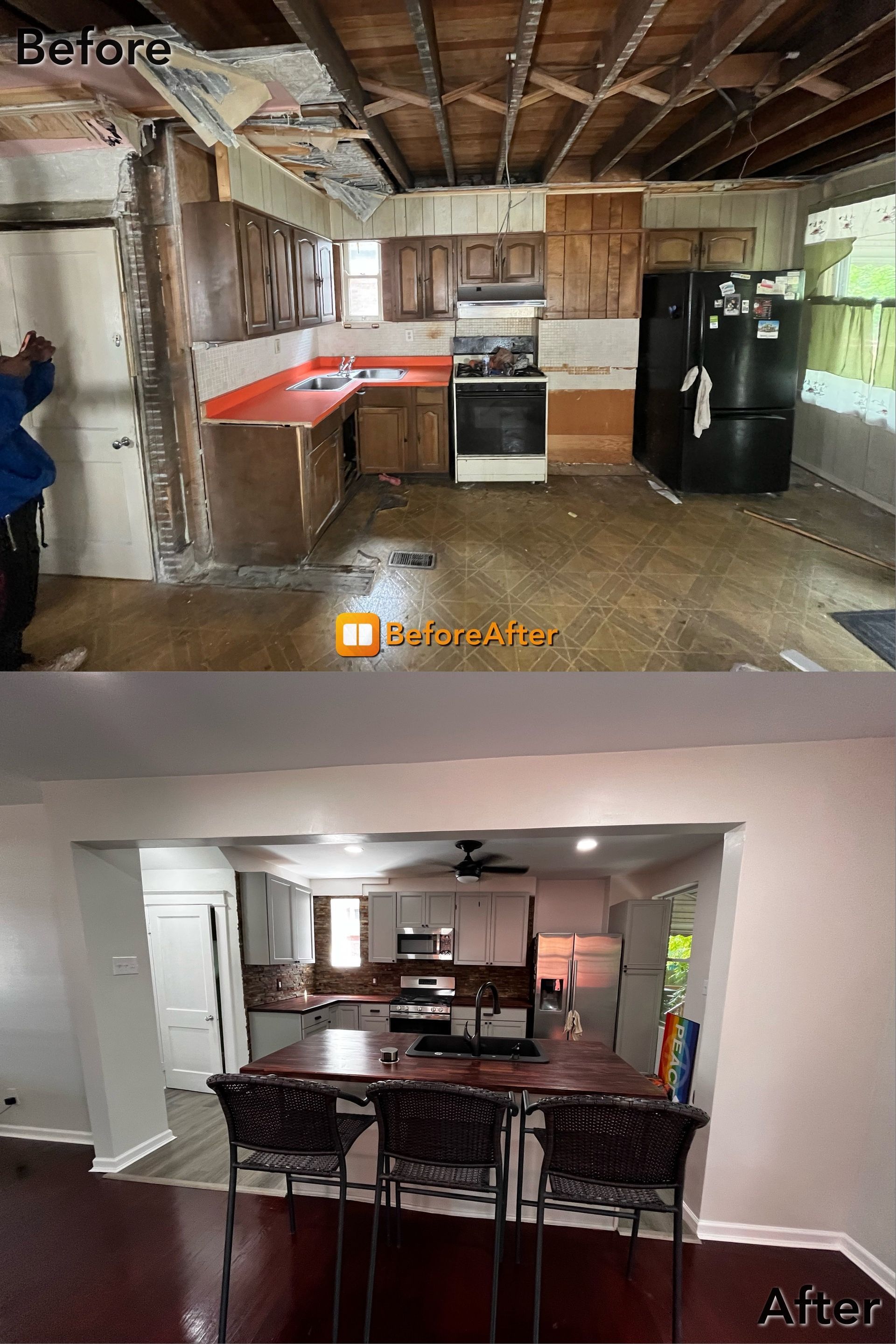 Kitchen renovation: Before shows a dilapidated kitchen, after a modern, remodeled space with an island.