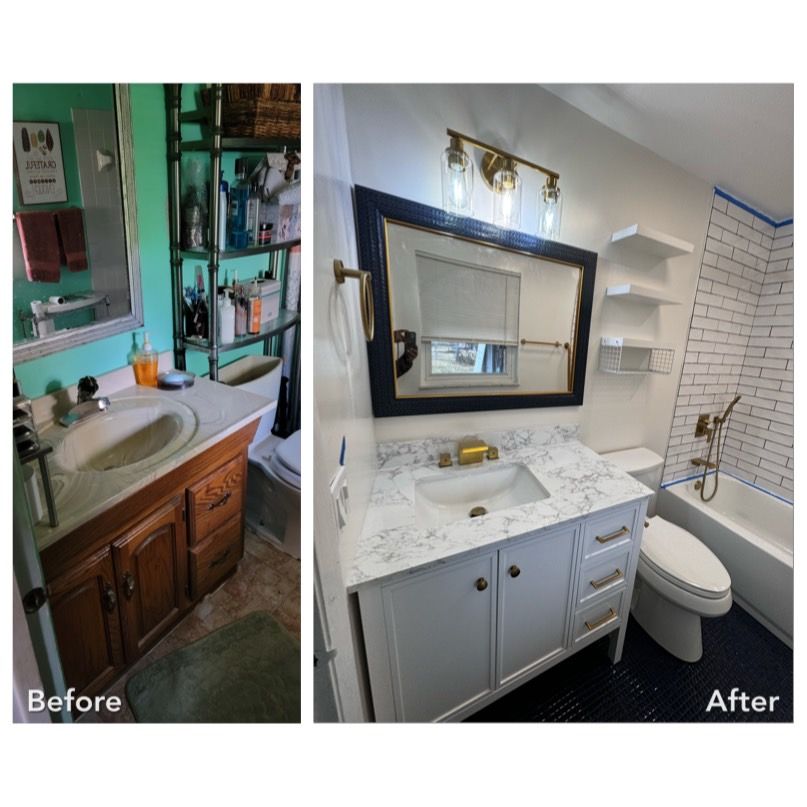 Before and after of a bathroom renovation: Old room with green walls, new with white, blue, and gold accents.