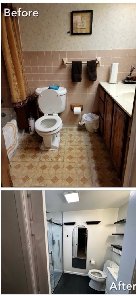 Bathroom renovation before and after. Shows a transformation to a more modern design.