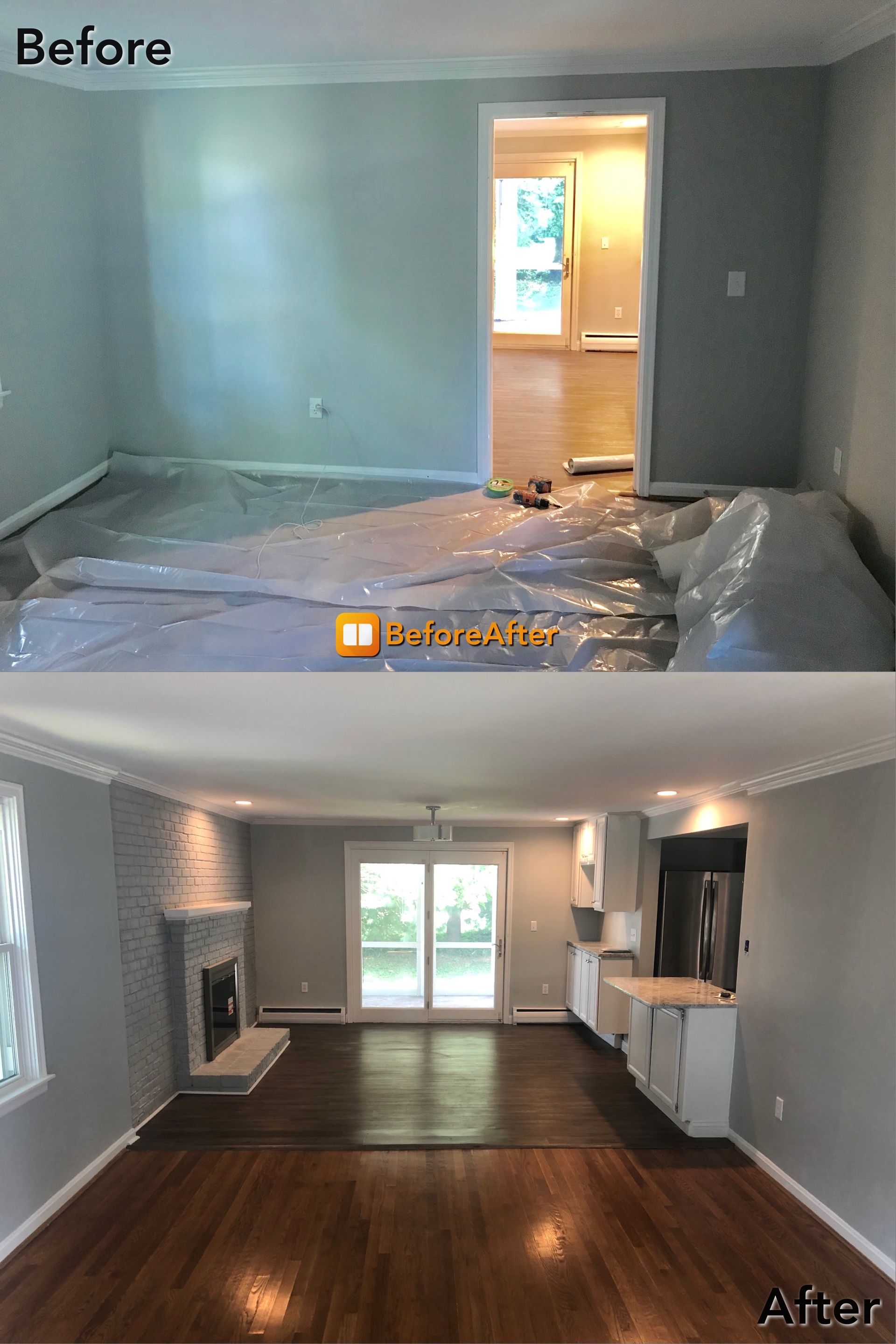 Renovated living space before and after: gray walls, fireplace, new flooring, and open kitchen.