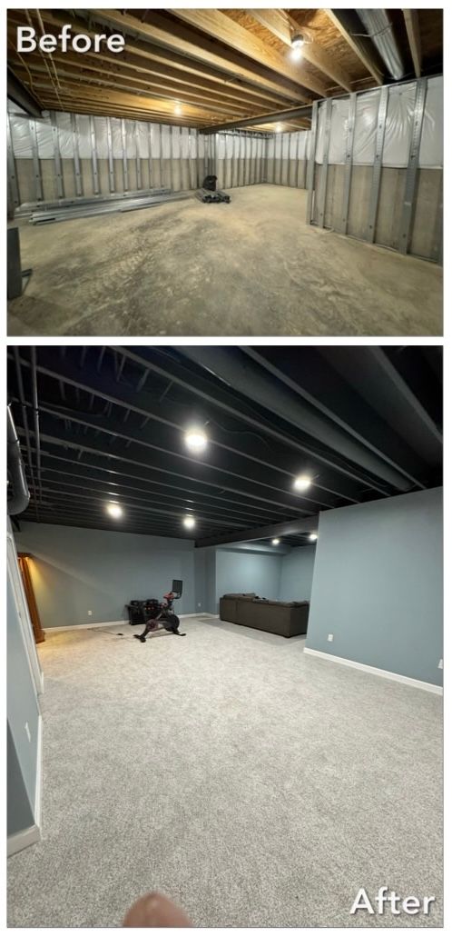 Before and after basement renovation: exposed ceiling is painted black, new carpet, and walls are painted blue.