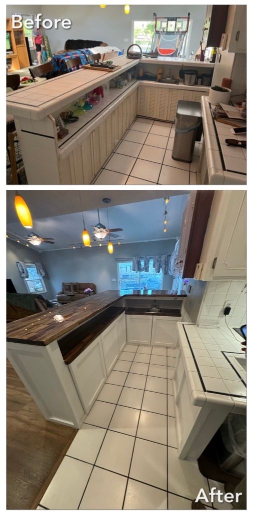 Kitchen before and after renovation, showing a change in countertop, cabinet finish, and lighting.