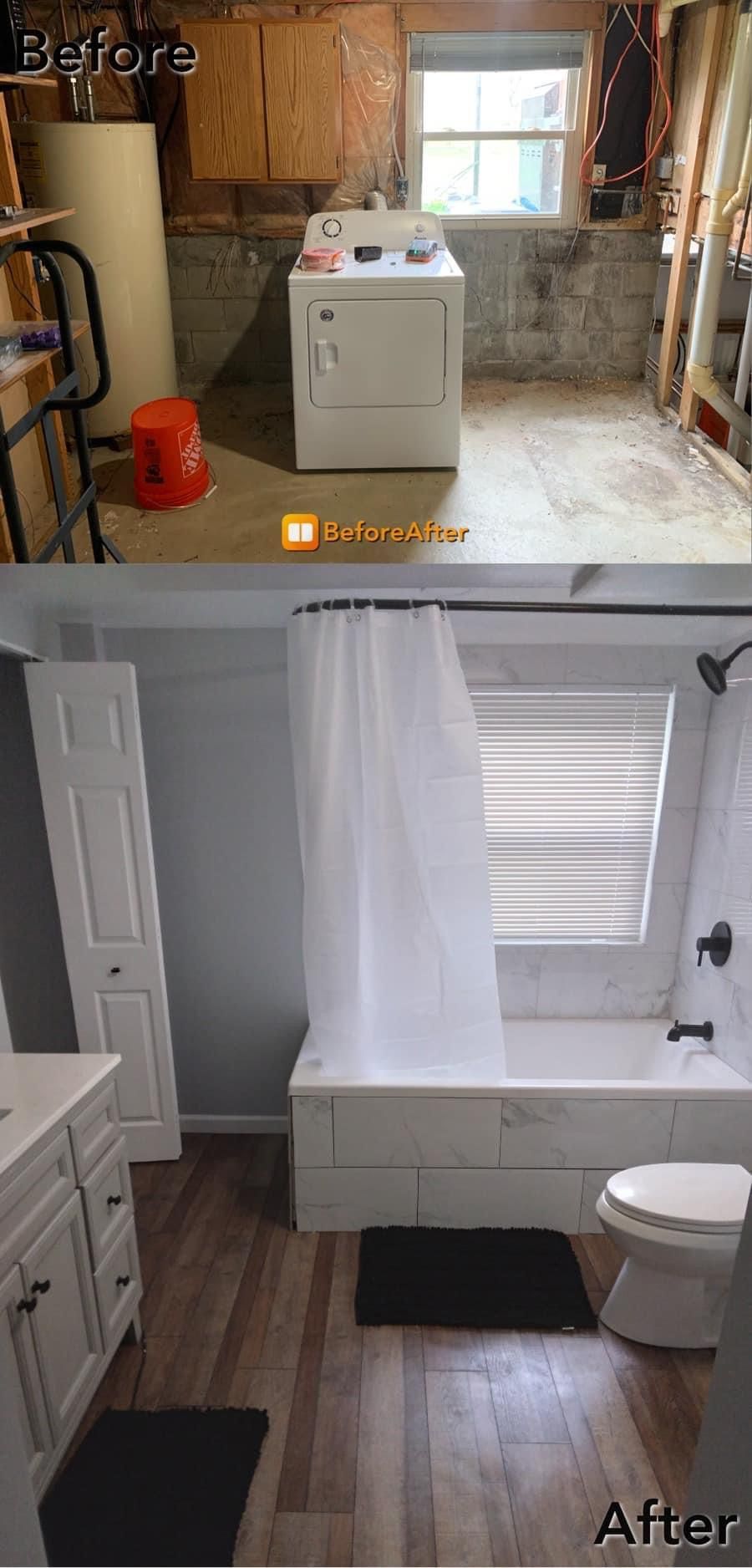 Before and after transformation of a basement laundry room into a modern bathroom. Includes a tub, toilet and vanity.