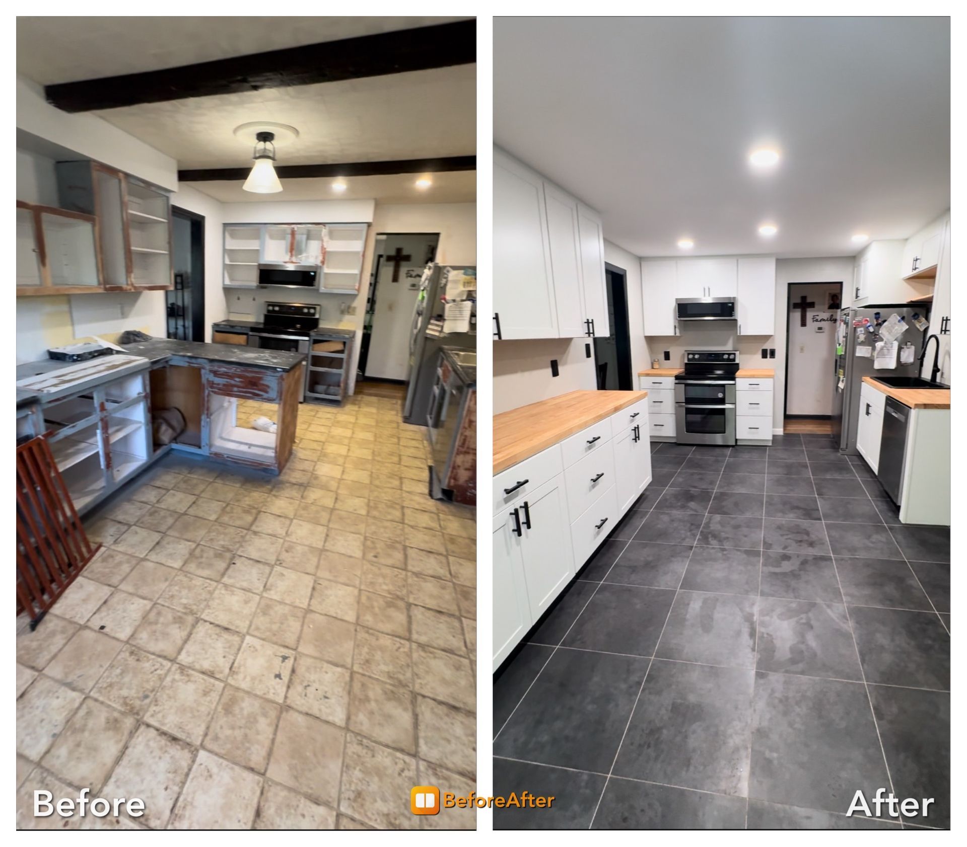 Before and after kitchen renovation: old, worn kitchen next to bright, modern kitchen with white cabinets and gray floor.