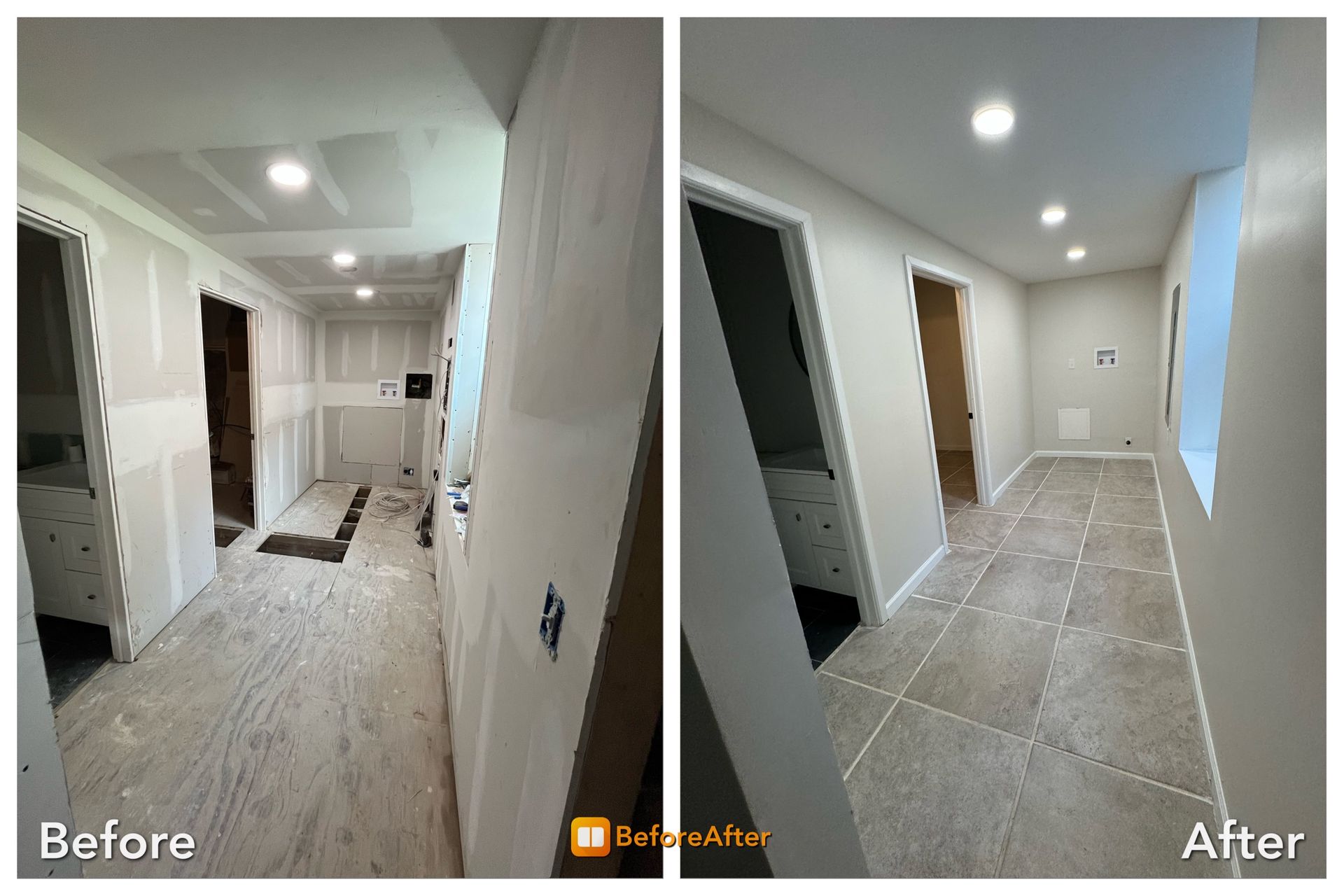 Before-and-after of hallway renovation: unfinished walls and floor to finished with new tile and paint.