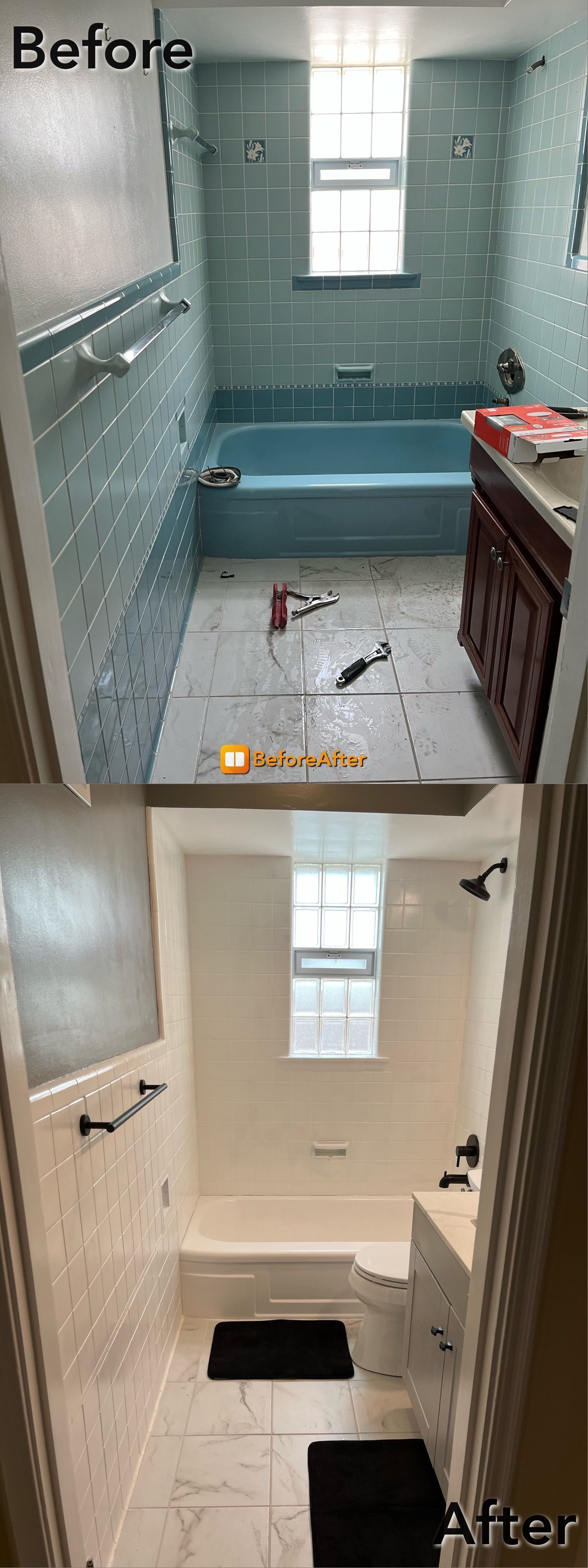 Bathroom remodel before and after: old turquoise tiles replaced with white, modern fixtures.
