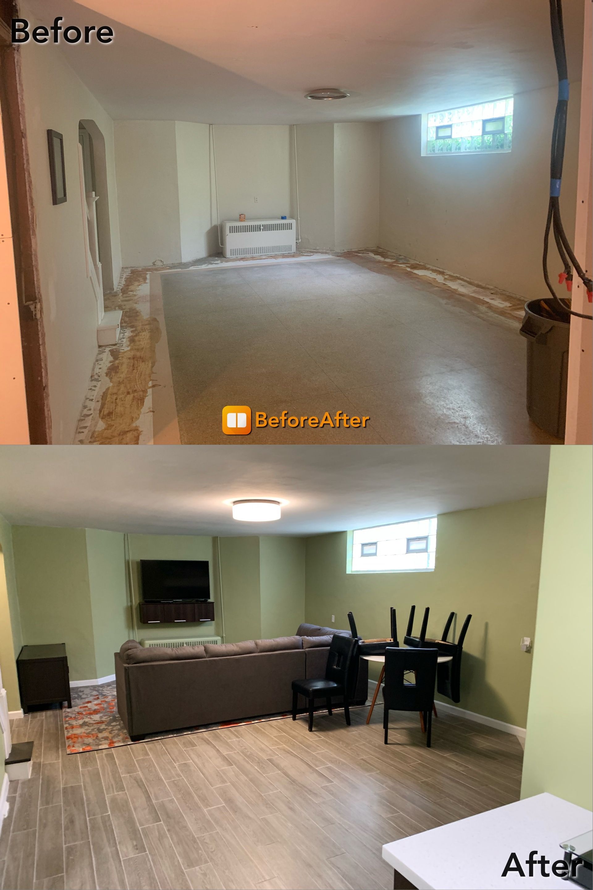 Basement renovation: Before shows unfinished walls; after reveals a finished living space with gray flooring and green walls.
