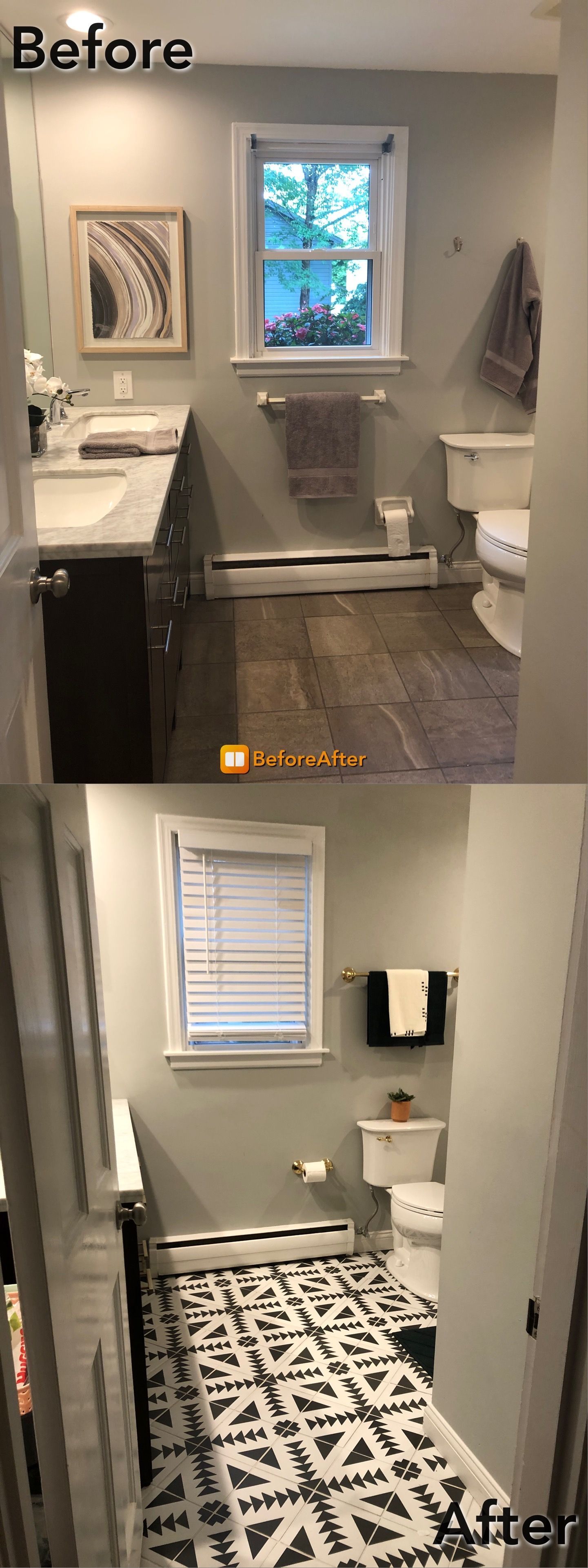 Bathroom renovation: Before shows dark wood-look flooring, After shows patterned tile. Window changes.