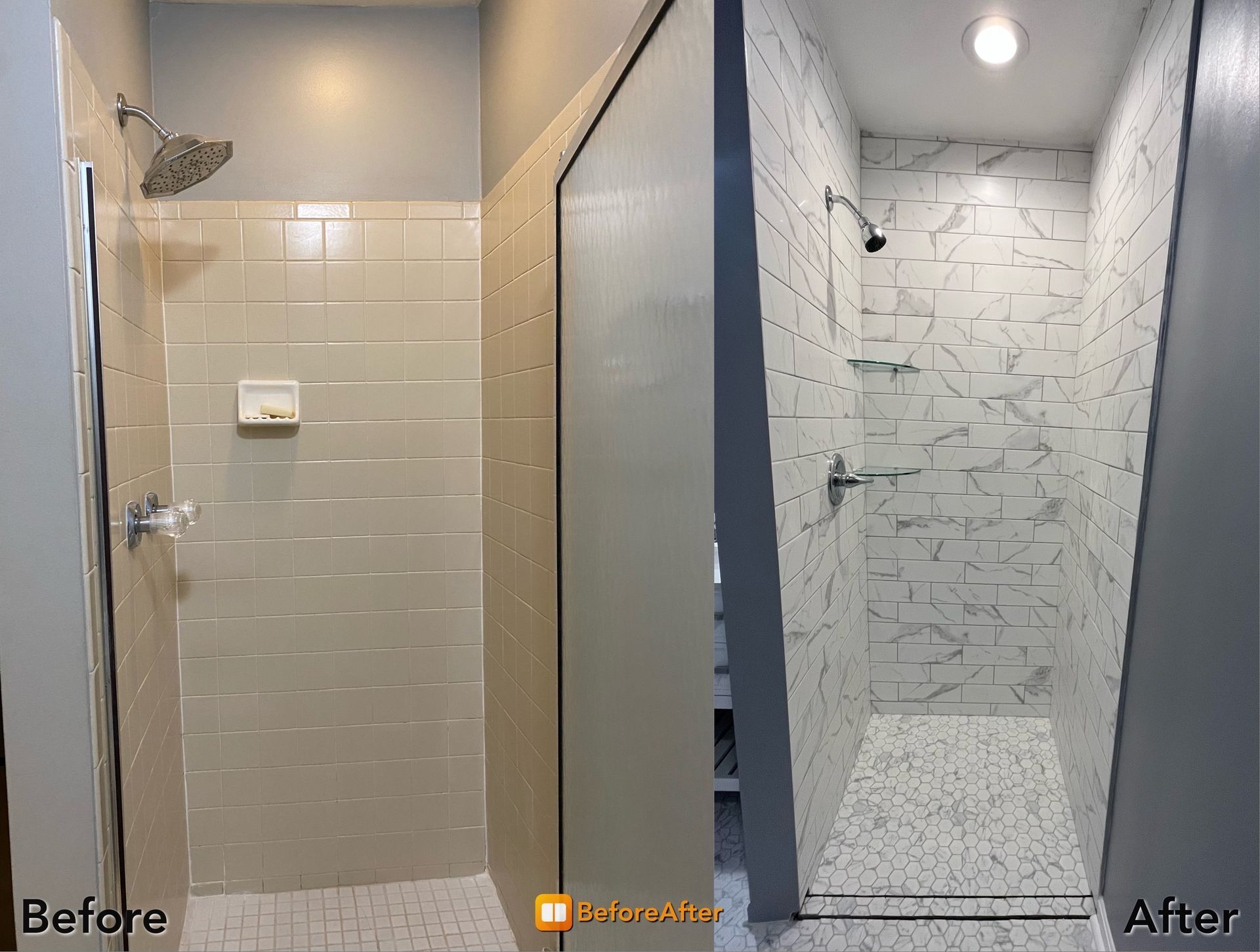 Before and after shot of a shower remodel, featuring a white-tiled design with a rainfall shower head.