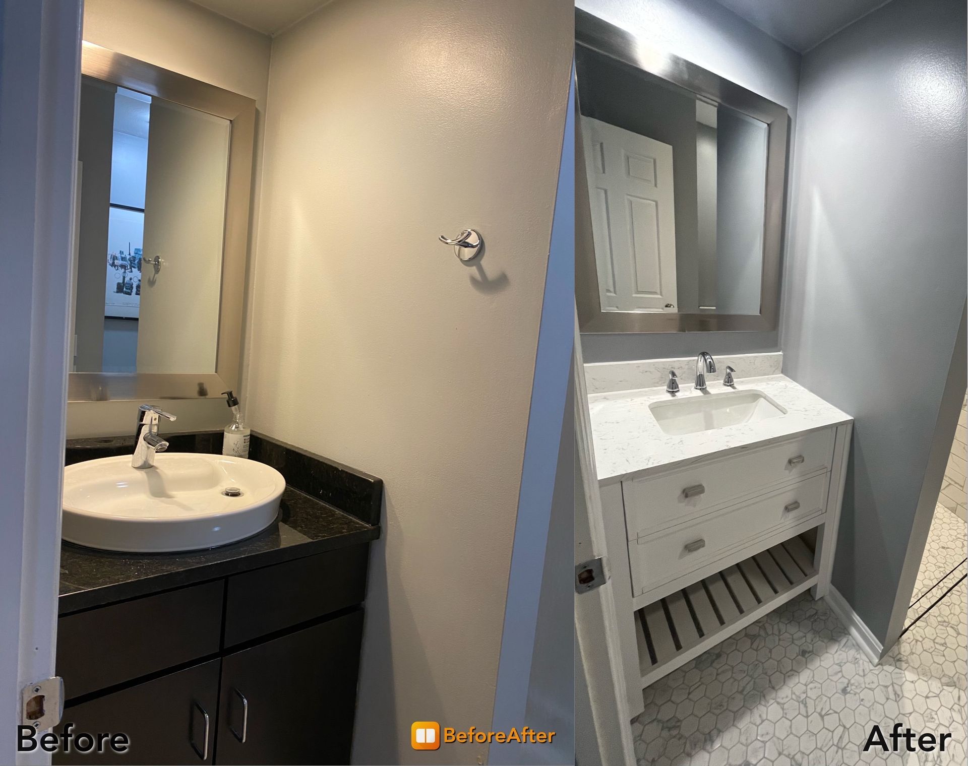 Bathroom renovation: before and after. Dark cabinet and granite countertop replaced with white cabinet and white countertop.
