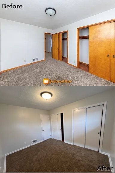 Before and after bedroom renovation. Brown carpet, white walls, wooden doors replaced with white.