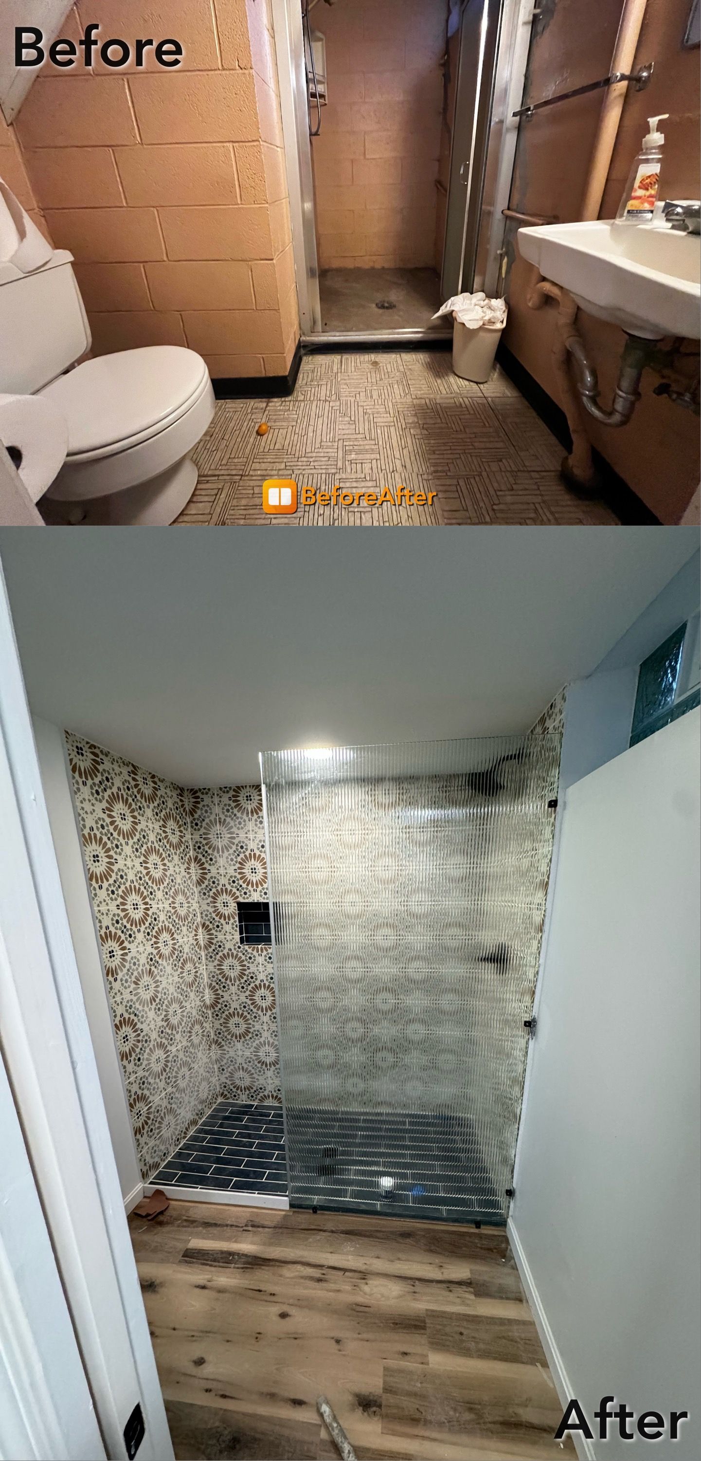Bathroom renovation: Before and after. Old bathroom has wooden paneling, new bathroom features tiled walls and glass shower.