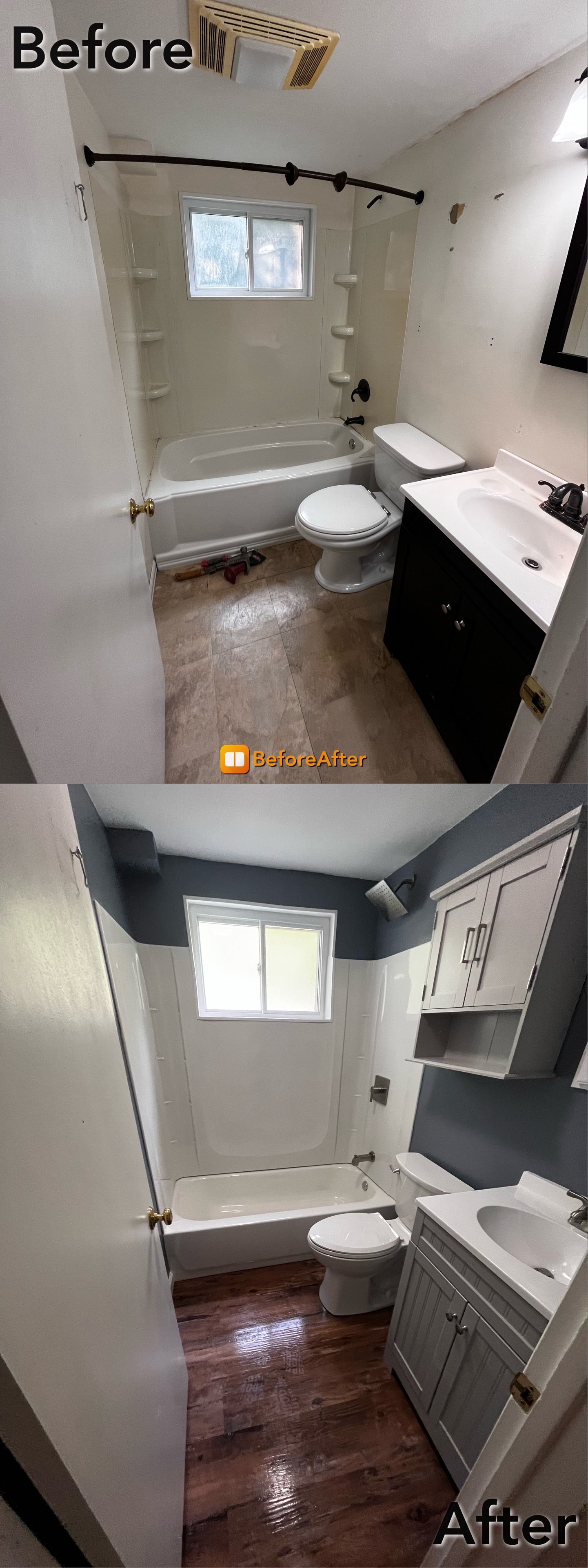 Before and after shots of a bathroom renovation. Shows a dark, dingy bathroom before and a bright, updated version after.