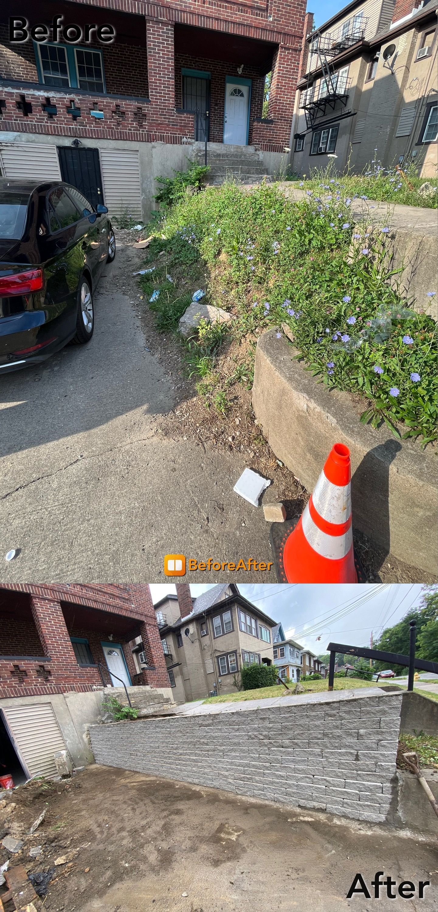 Before-and-after showing overgrown weeds cleared, with a retaining wall and landscaping added in the after photo.