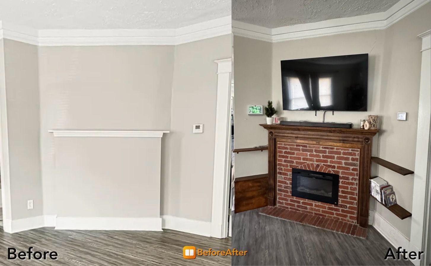 Before and after of a living room wall with a fireplace and TV. Gray walls, white trim, and dark floors.