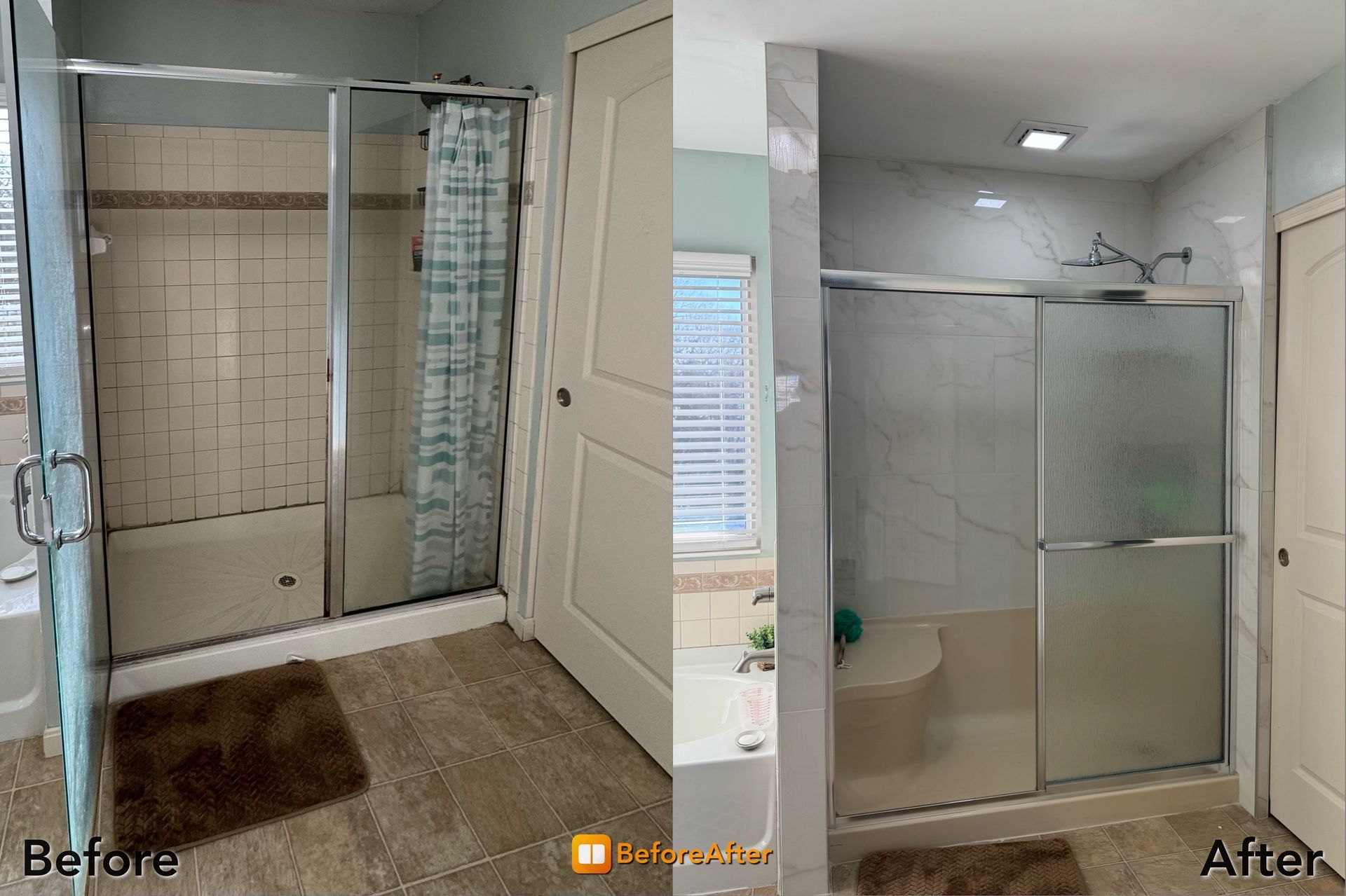 Before and after bathroom remodel. Cream-colored before with shower curtain. Gray tiled after with glass shower.